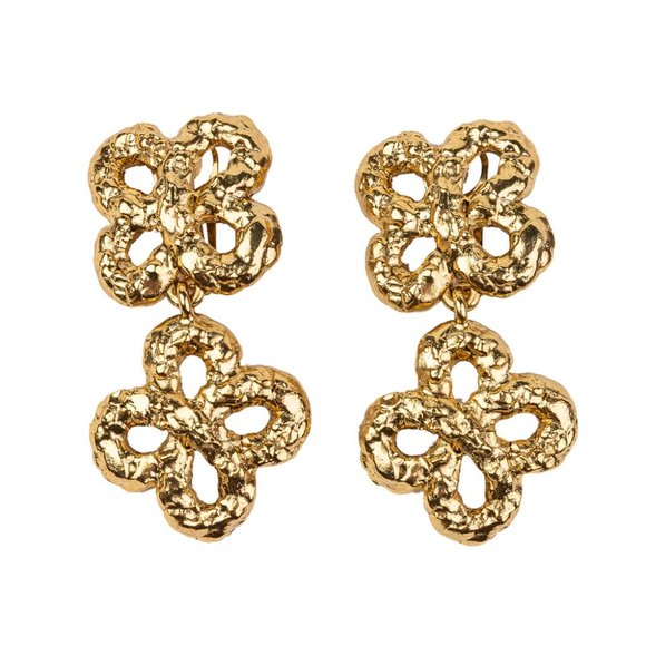 Kenneth Jay Lane, Double Gold Clover Cross Button Clip Earring - Picture 1 of 5